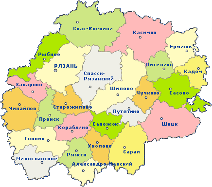 Карта Рязанского региона с разделением на районы
